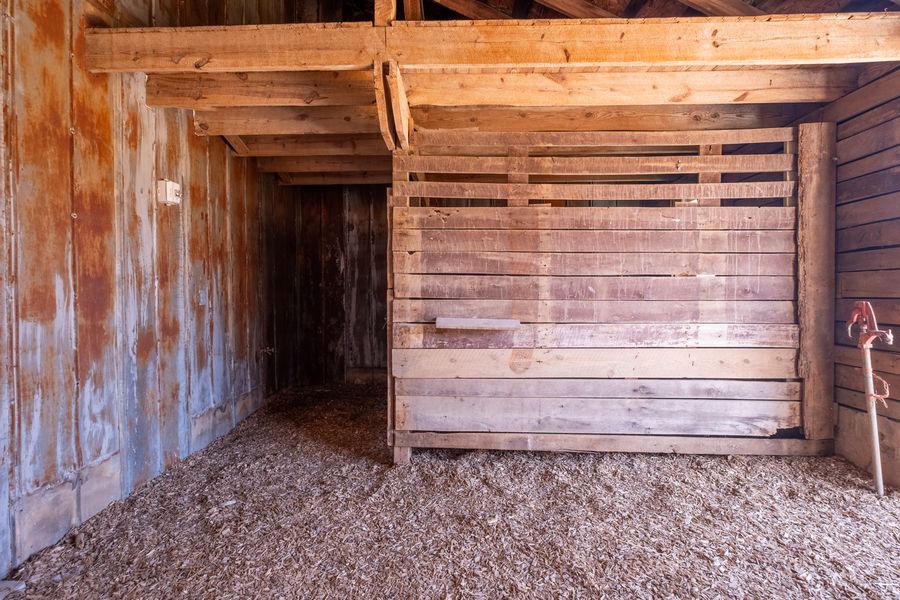 An original stall inside the barn, with weathered horizontal boards, a rusted tin wall and a floor of wood shavings.